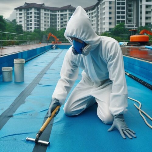 Un hombre con mascara y traje EPI realizando el mantenimiento del fondo de una piscina